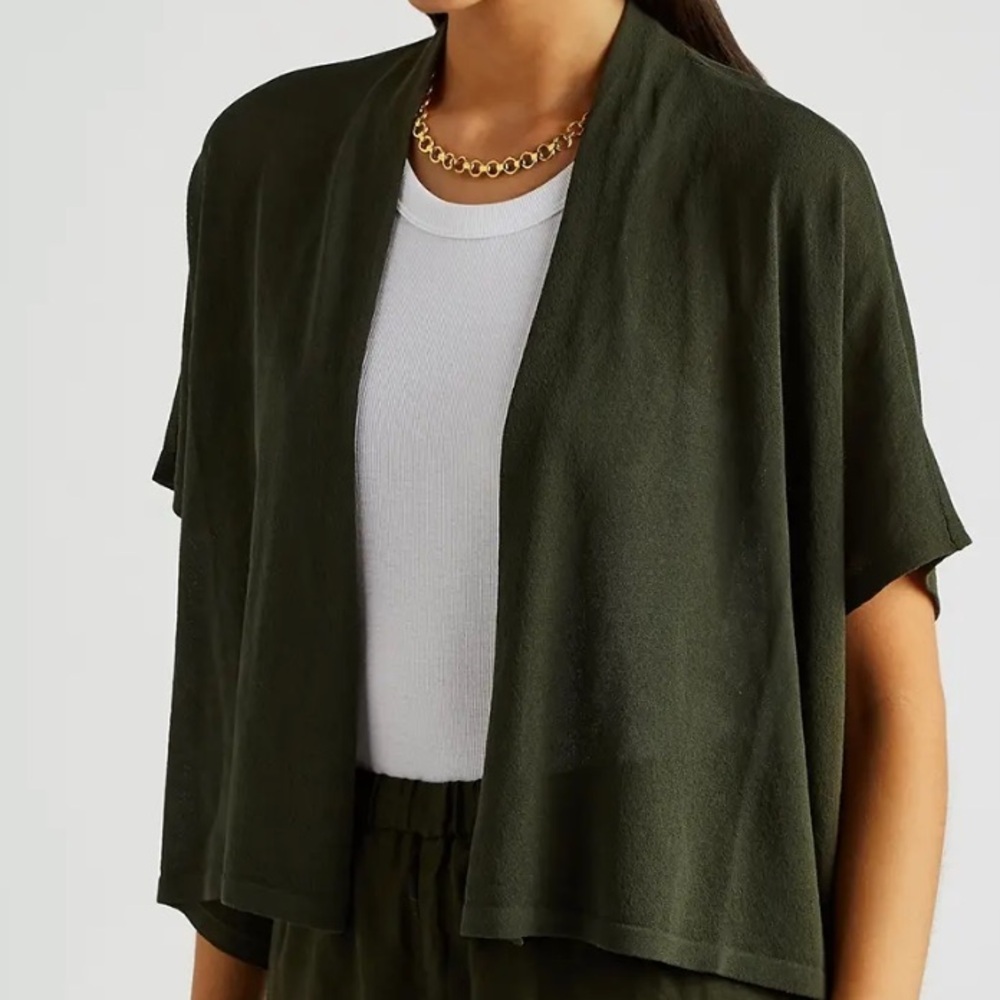 EILEEN FISHER ORGANIC COTTON DARK GREEN SWEATER SHRUG DOLMAN SLEEVES XS $285